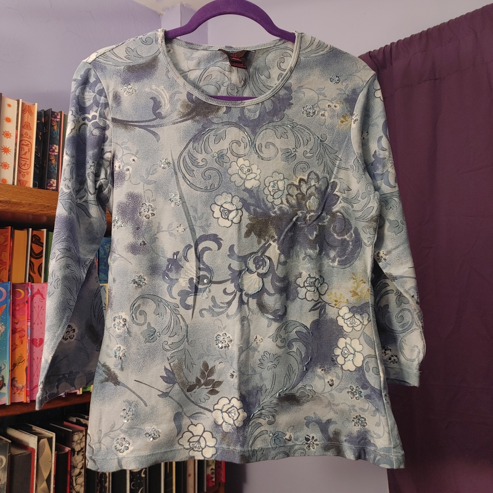 A/C Anthony Charles Blue Floral Beaded Sequin Top M